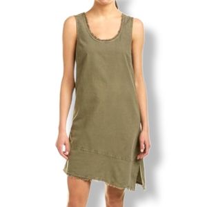 Lilla P Asymmetrical Fringe Hem Dress Women Size Small Washed Olive Green Frayed